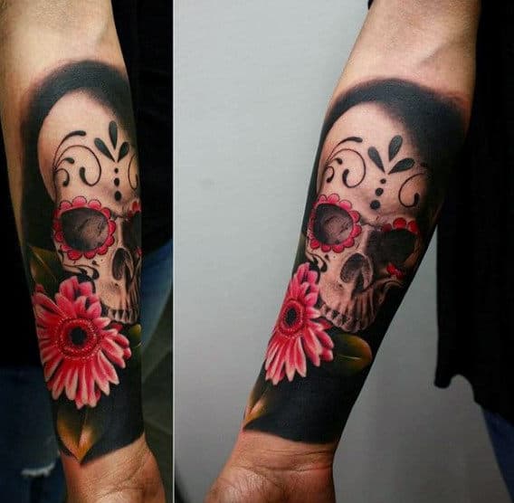Realistic Sugar Skull Forearm Tattoo Sleeve For Gentlemen