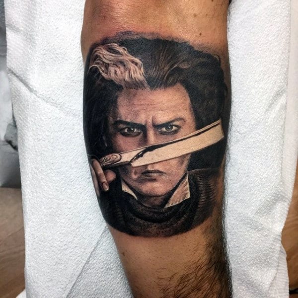 Realistic Tattoo Of Barber Holding Straight Razor For Men