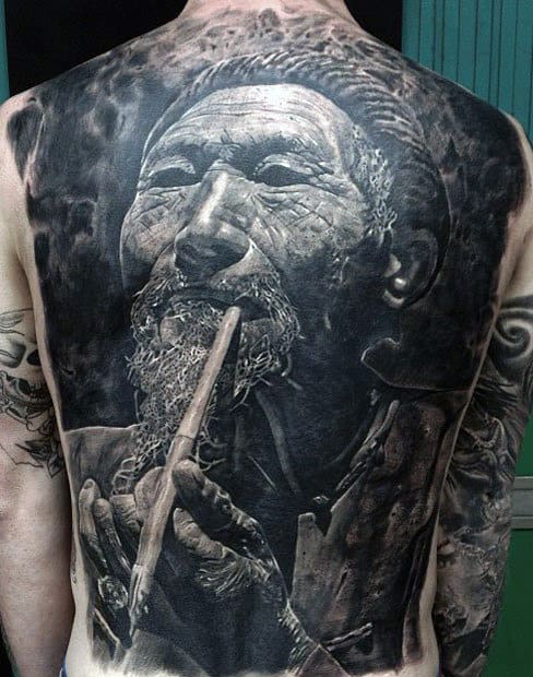 Realistic Tattoos Of East Asian Man Smoking Guys Back