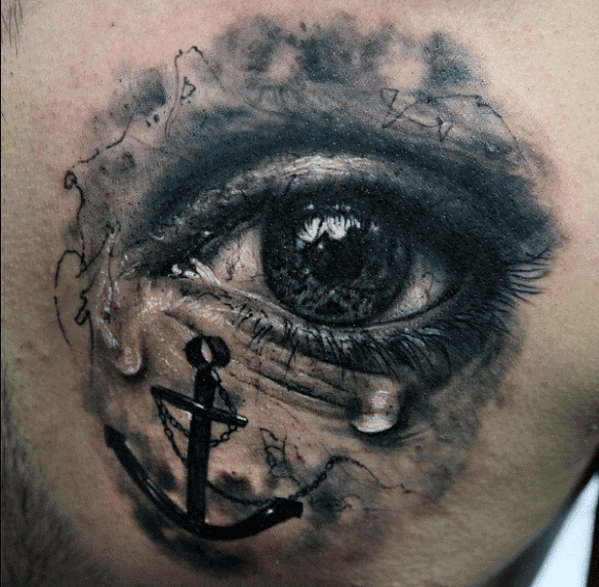 Realistic Tear Eye With 3d Anchor Mens Chest Tattoo