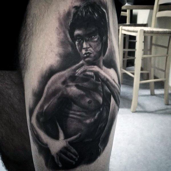 Realistic Thigh Shaded Male Bruce Lee Tattoo Ideas