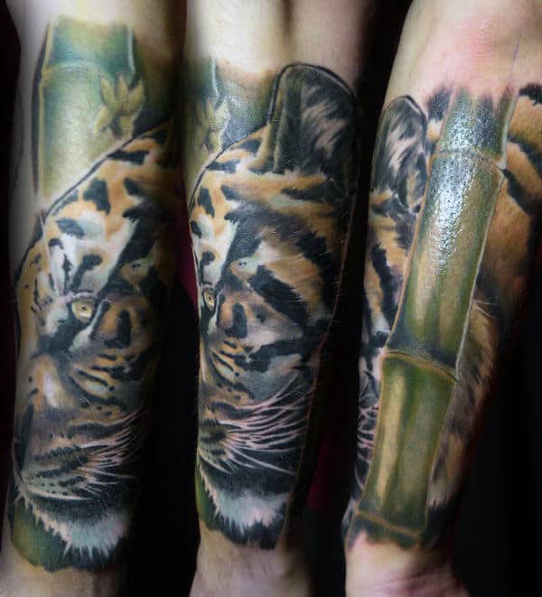 Realistic Tiger Bamboo Forearm Sleeve Tattoos For Men