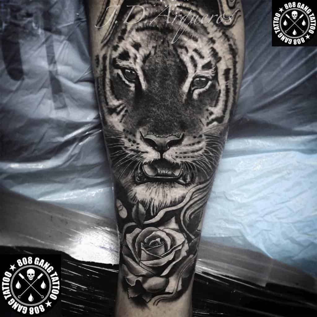 A striking tattoo of a fierce tiger elegantly intertwined with a blooming rose adorns a person's forearm