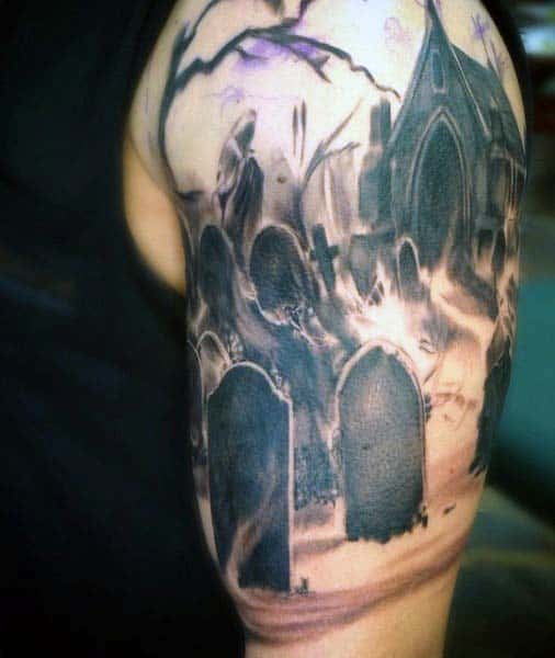 Realistic Tombstone Graveyard Mens Upper Arm Tattoo Design Ideas Shaded
