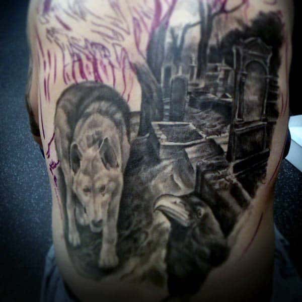 Realistic Tombstone Tattoo For Males On Ribs