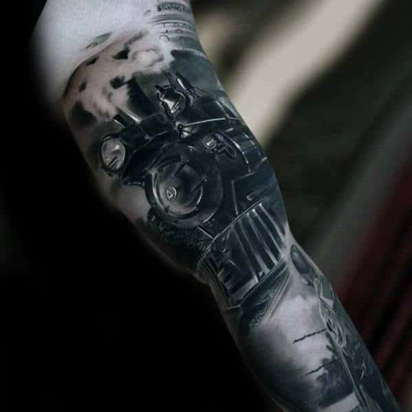 Realistic Train Mens 3d Arm Tattoo