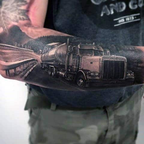Realistic Truck On The Road Male Outer Forearm Tattoos