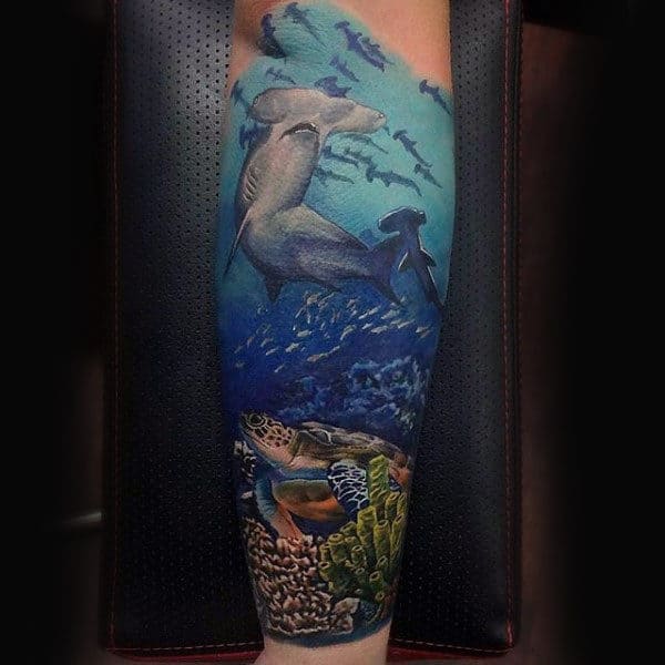 Realistic Underwater Ocean Hammerhead Shark Forearm Sleeve Tattoo On Man