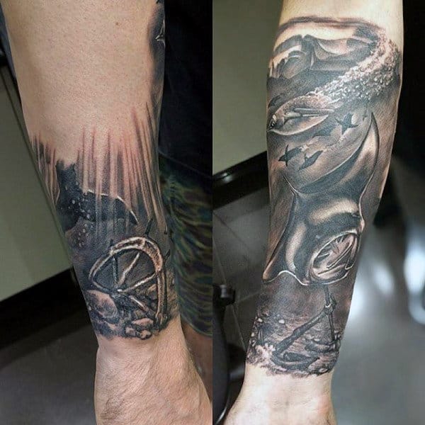 Realistic Underwater Sunken Ship Steering Wheel Male Nautical Forearm Sleeve Tattoos