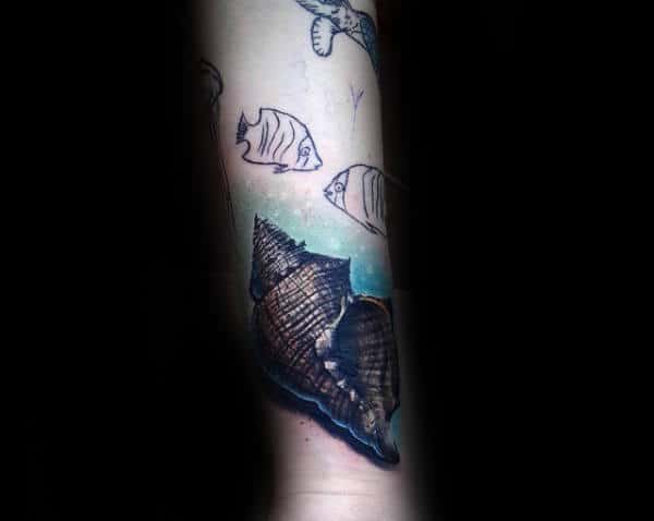 Realistic Underwater Themed Seashell Mens Forearm Tattoo Ideas