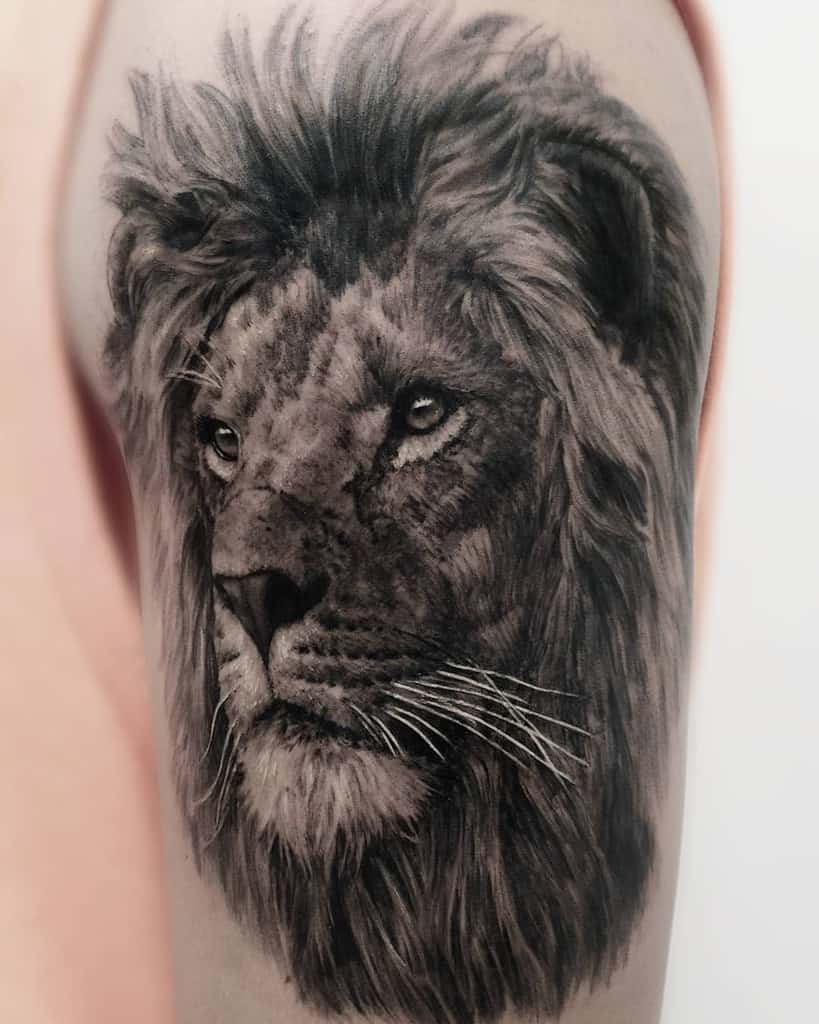Realistic black and gray lion tattoo on skin, showcasing intricate details and shading