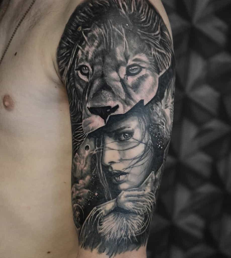 Realistic upper arm tattoo featuring a lion and a woman’s face, blending detailed animal and human portraits, symbolizing strength and beauty