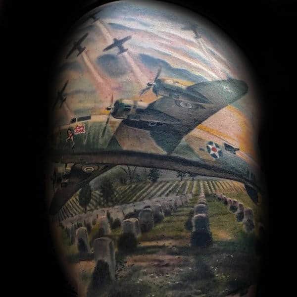 Realistic Warbird Flying Over Cemetery Memorial Mens Air Force Tattoo Design Ideas