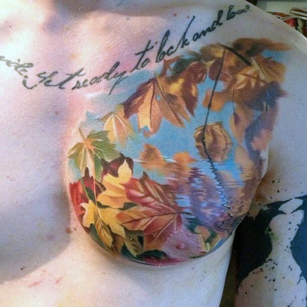 Realistic Water Reflection Mens Leaves Fall Chest Tattoo With Watercolor Design