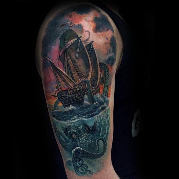 Realistic Watercolor 3d Male Kraken Half Sleeve Tattoo Inspiration