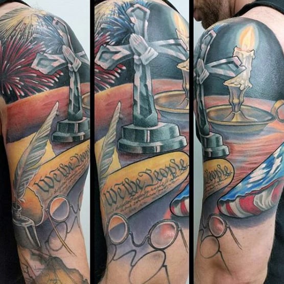 Realistic We The People Desk Half Sleeve Tattoos For Men