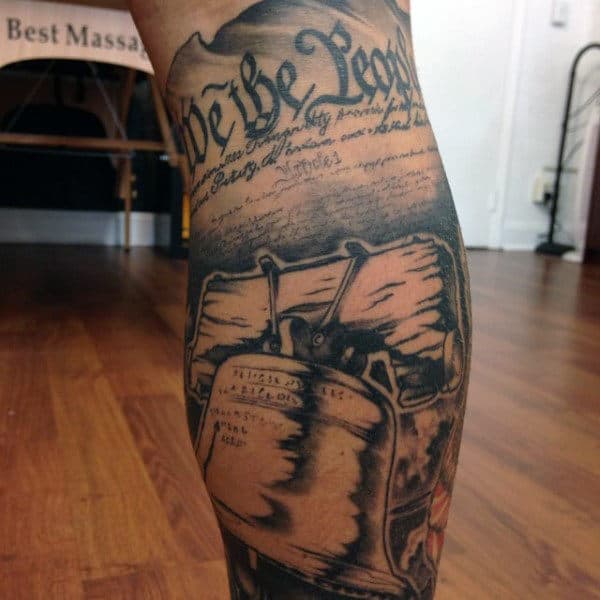 Realistic We The People Liberty Bell Mans Leg Sleeve Tattoo