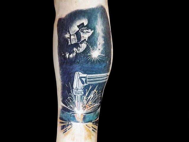 Realistic Welding Male Leg Tattoo Design Inspiration