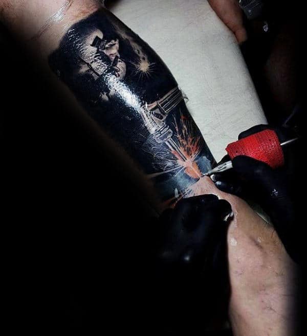 Realistic Welding Torch Guys Leg Sleeve Tattoo