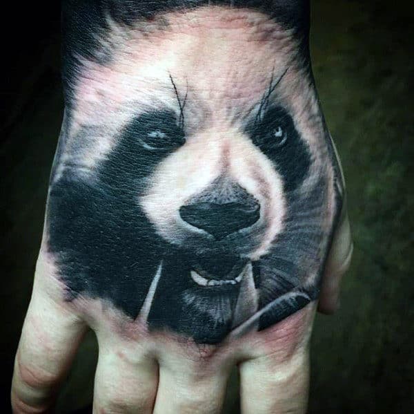 Realistic White And Black Ink Mens Panda Hand Tattoos