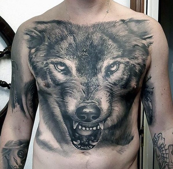 Realistic Wolf Head Guys Great 3d Chest Tattoo Designs