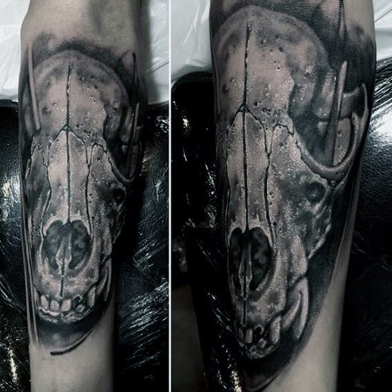 Realistic Wolf Skull Guys Inner Forearm Tattoo Design Ideas