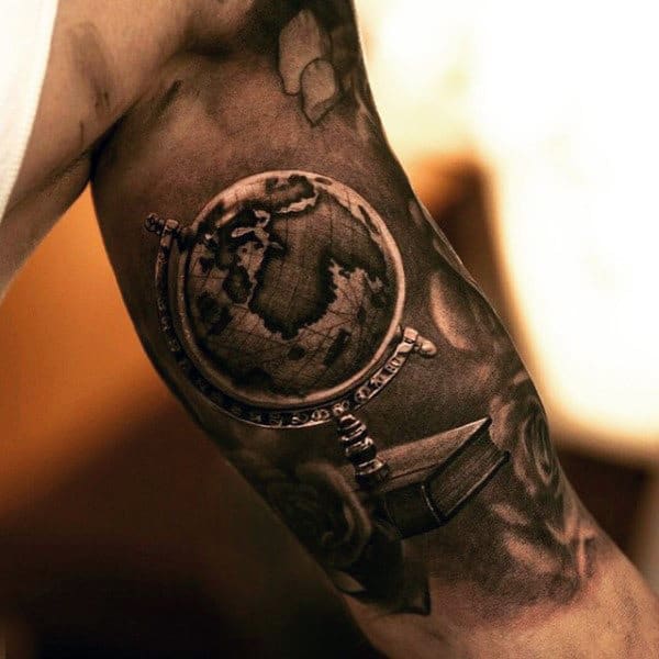 Realistic World Map Globe Tattoof For Men On Bicep