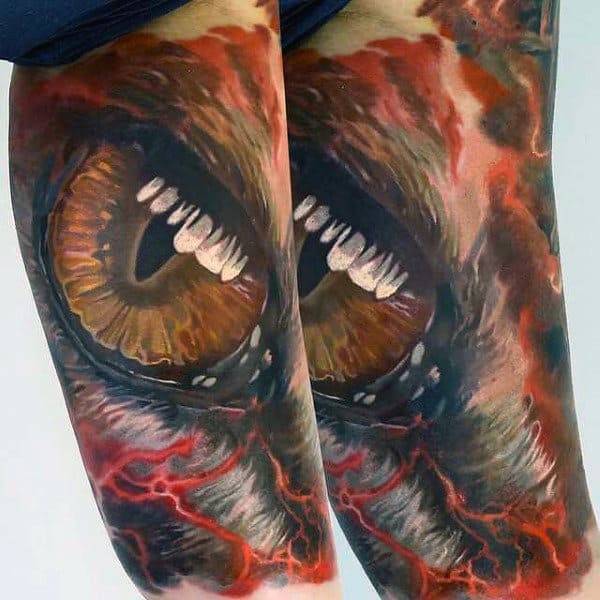 Realistic Yellow Eye And Red Lightening Tattoos Male Forearms