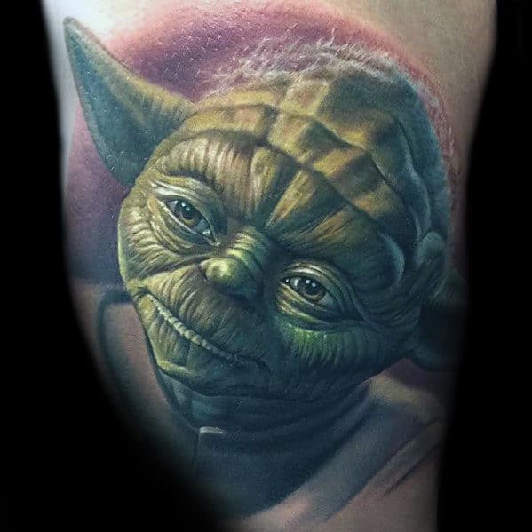 Realistic Yoda Head Mens Portrait Tattoo On Arm