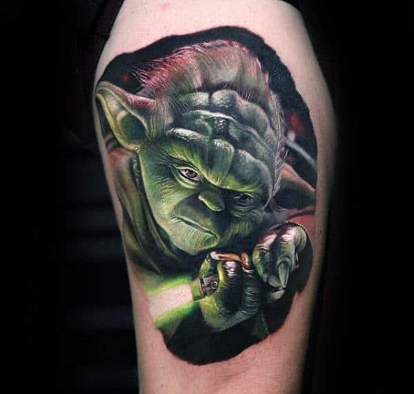 Realistic Yoda Holding Lightsaber Mens Arm Tattoo