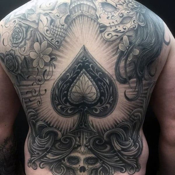 Really Magnificient Black And Grey Spade And Flower Tattoo Mens Back