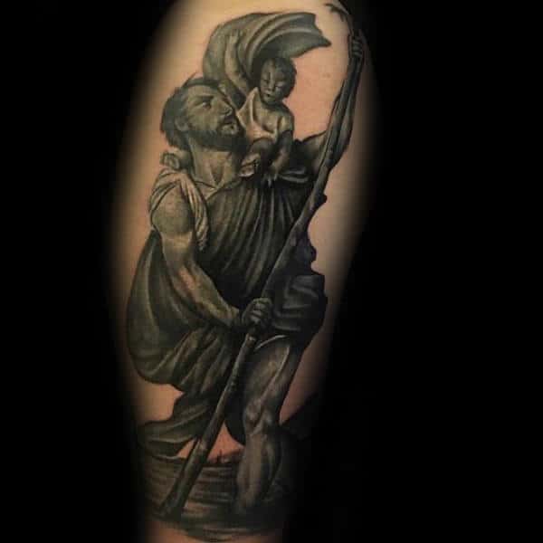 Realsitic Male Shaded Saint Christopher Tattoo Ideas On Arm