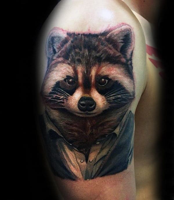 Realsitic Raccoon With Collared Shirt Mens Arm Tattoos