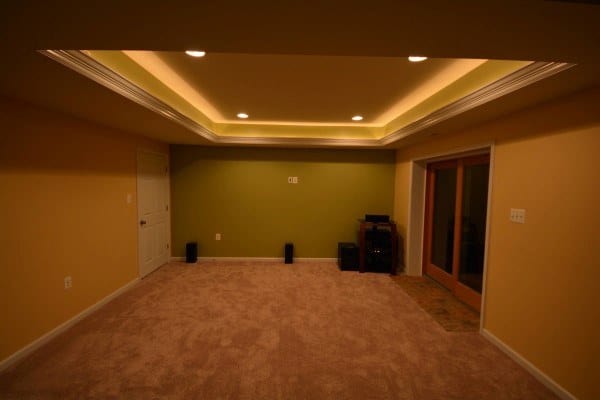 Spacious basement with cove ceiling lighting, recessed lights, and soft carpet flooring.