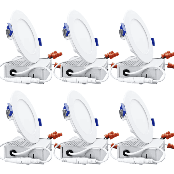 Set of recessed LED ceiling lights with white trim and attached junction boxes.