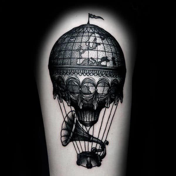Record Player Vintage Mens Hot Air Balloon Upper Arm Tattoos