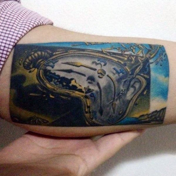 Rectangle Mens Melting Clock Inner Arm Bicep Tattoos