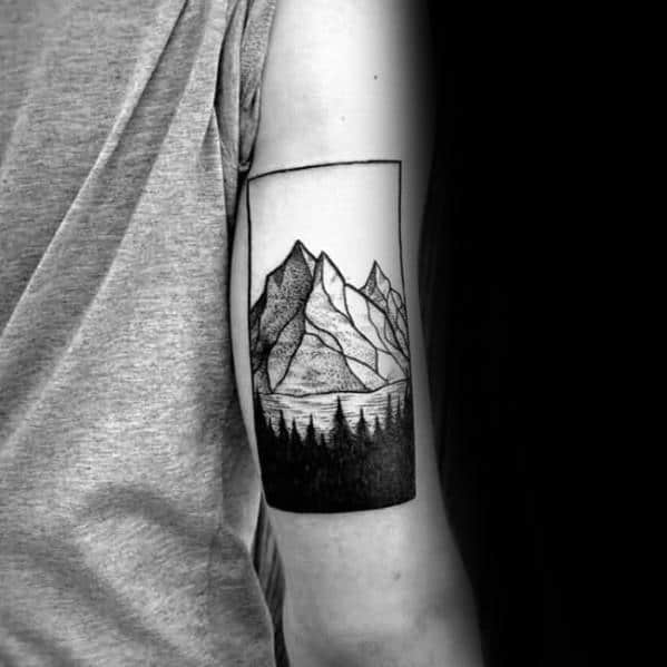 Rectangle Mountain Forest Mens Small Tree Outer Arm Tattoo