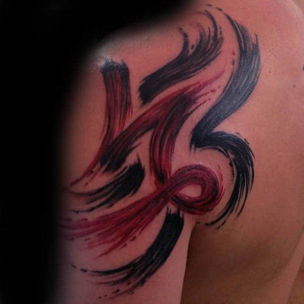Red And Black Brush Stroke Mens Shoulder And Upper Arm Tattoo Inspiration