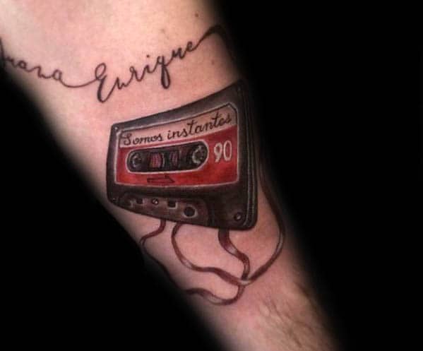 Red And Black Cassette Tape Male Forearm Tattoo Design Ideas