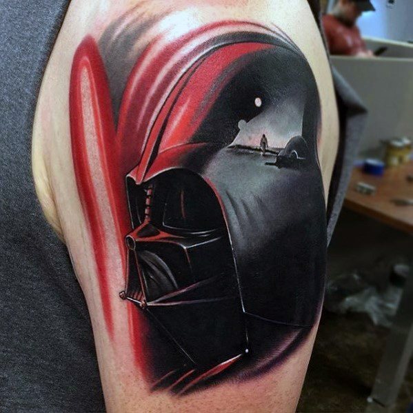 Red And Black Darth Vader Arm Mens Tattoo Ideas
