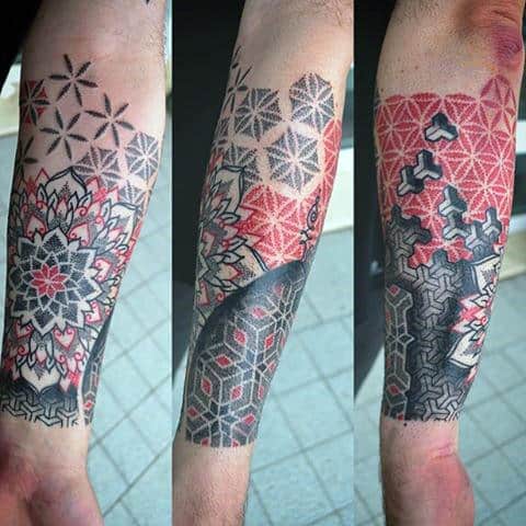 Red And Black Dotted Pattern Tattoo Male Forearms