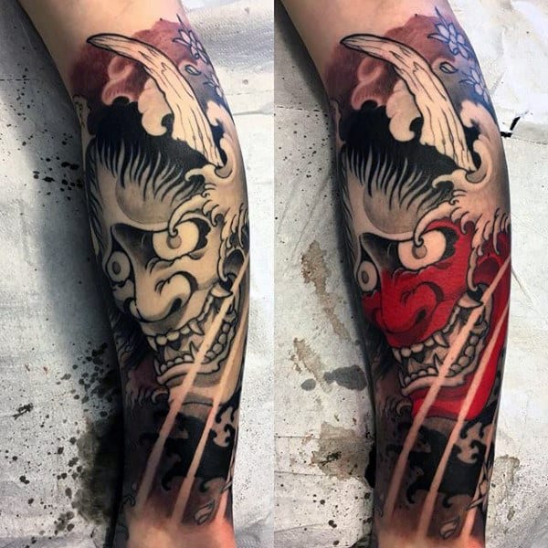 Red And Black Hannya Mask Male Leg Sleeve Tattoo