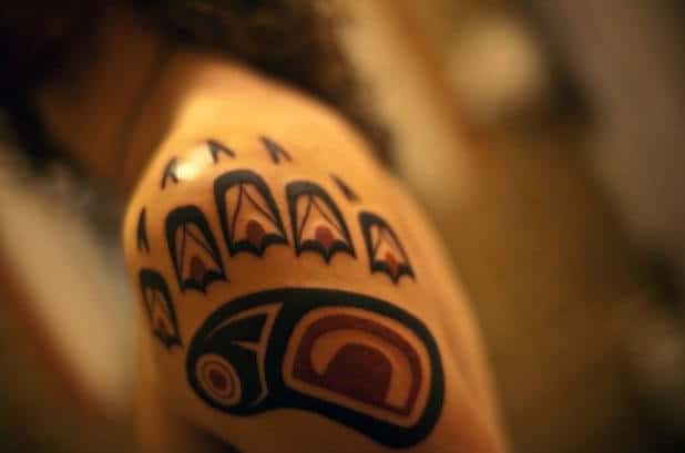 Red And Black Ink Bear Claw Arm Male Tattoos