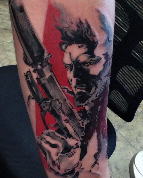 Red And Black Ink Forearm Male Cool Metal Gear Tattoo Ideas