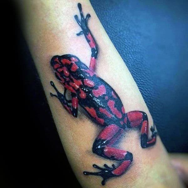 Red And Black Ink Frog Mens Forearm Tattoo