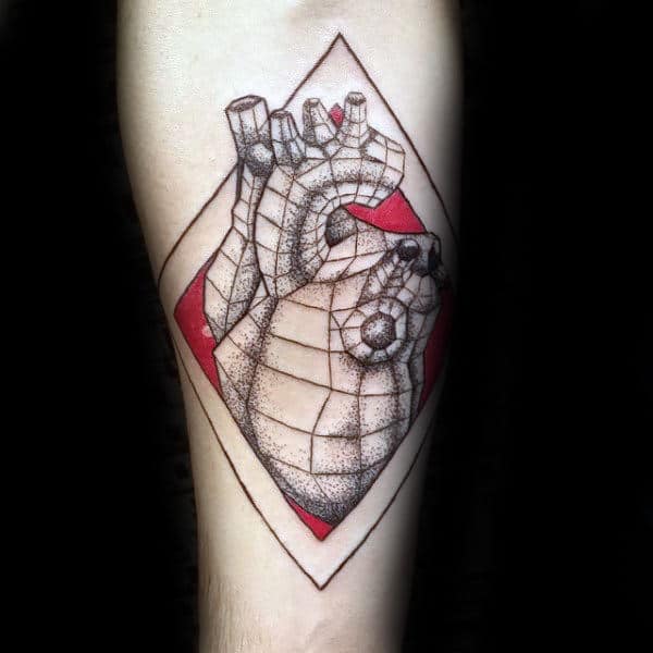 Red And Black Ink Geometric Heart Mens Forearm Tattoo
