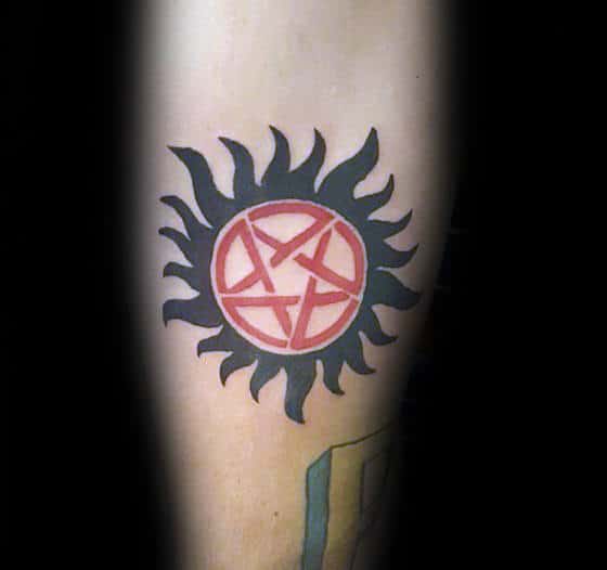 Red And Black Ink Guys Anti Possession Forearm Tattoos