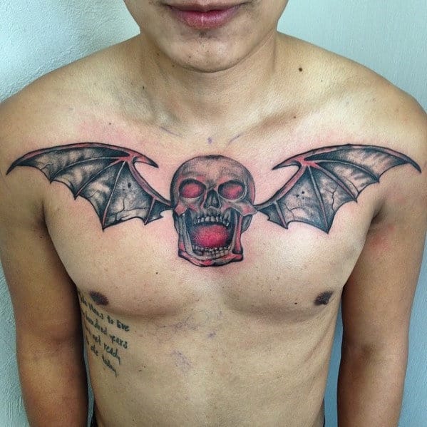 Red And Black Ink Guys Deathbat Chest Tattoo