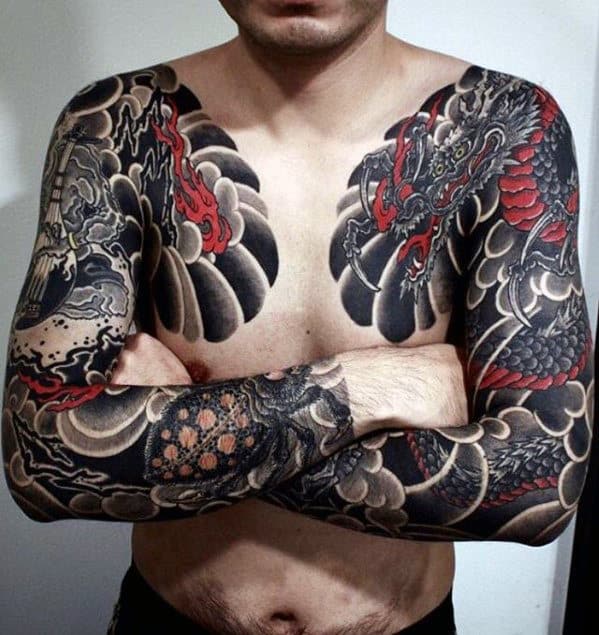 Red And Black Ink Guys Dragon Japanese Chest Tattoos
